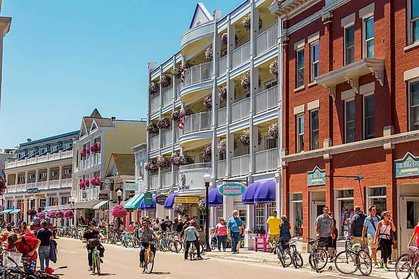 Bustling streets of downtown Mackinac Island during tourist season, via Michael Deemer / Shutterstock.com