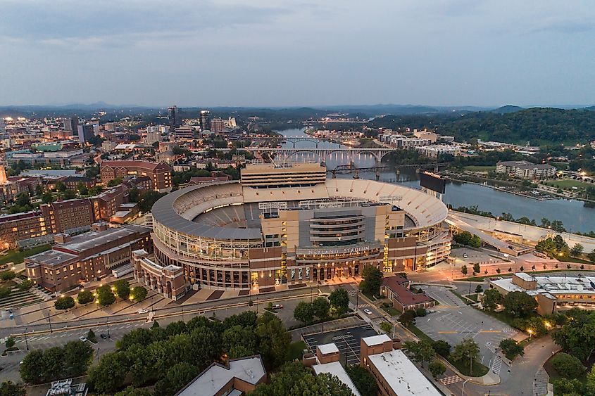 Aerial drone photo of the Neyland sports stadium arena at Downtown Knoxville Tennessee USA