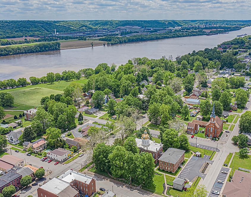 Aerial view of Vevay along the Ohio River.