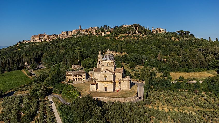 Aerial view of Madonna di San Biagio in Montepulciano, Italy.