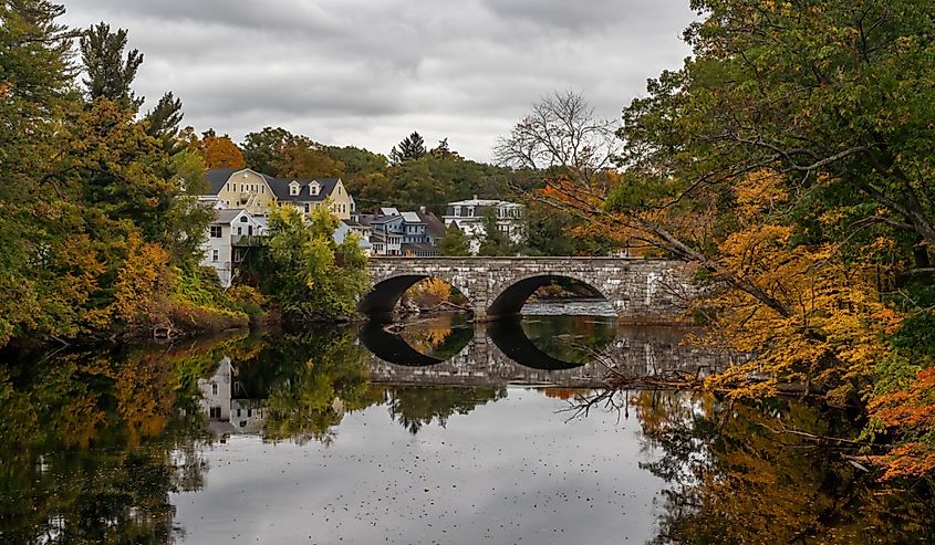 The covered bridge in Henniker, New Hampshire in autumn