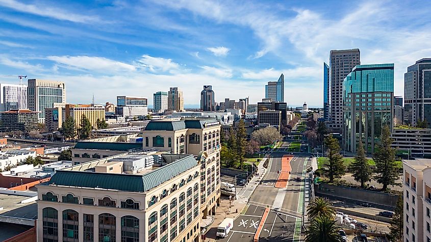 Sacramento, CA USA January 11, 2023: The Tower Bridge in Sacramento, California with the city of of Sacramento in the background and blue sky