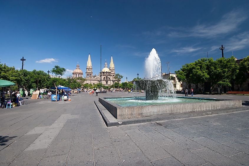 The fountain at Plaza de la Liberacion in Guadalajara, Mexico.