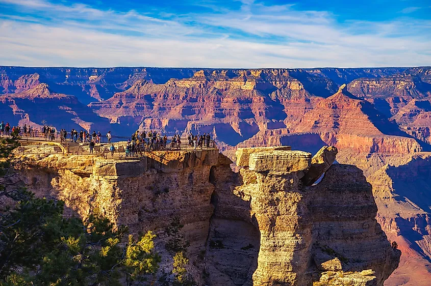 Visitors watching sunset over the Grand Canyon from Mather Point