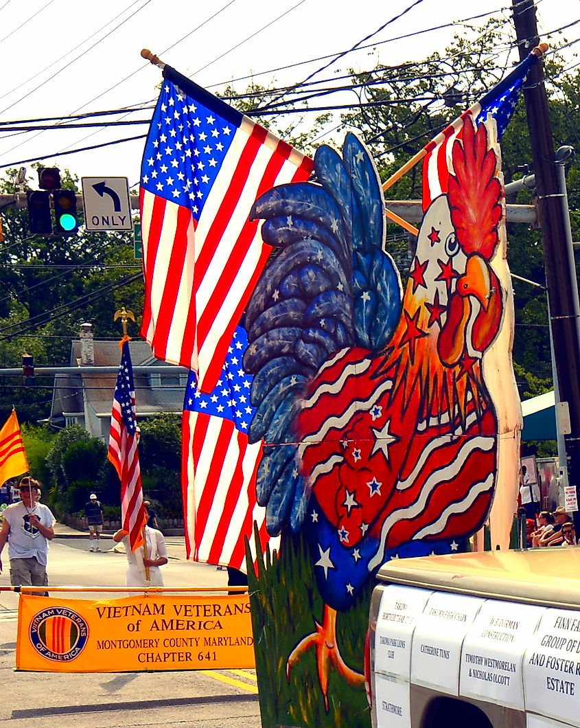 Patriotic Rodney the Rooster in Takoma Park's 4th of July Parade (Edward Kimmel from Takoma Park, MD, CC BY-SA 2.0 <https://creativecommons.org/licenses/by-sa/2.0>, via Wikimedia Commons)