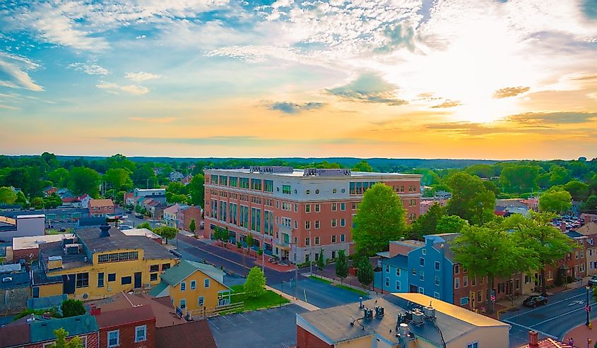 panorama of downtown suburban area and aerial view with sunset sky in Summer - West Chester
