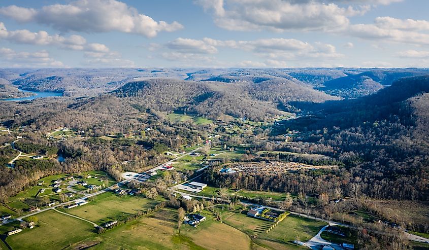 Scenic aerial view of Central Kentucky countryside near Berea.
