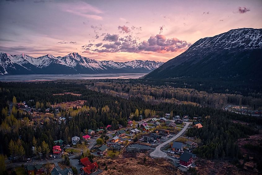 Aerial view of the Resort Town of Girdwood, Alaska, at sunset. 