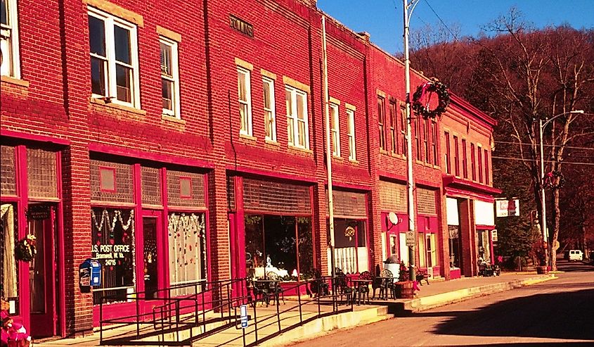 Red buildings on Bramwell, West Virginia main street.