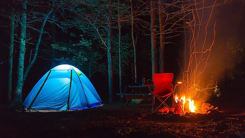 Camping with a fire at Acadia National Park, Maine