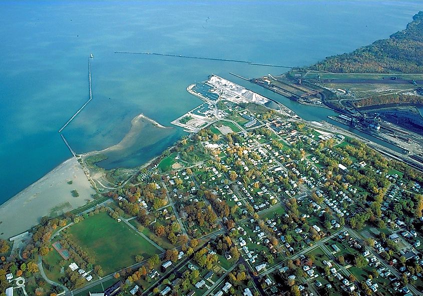 Aerial view of the port and harbor at Conneaut, Ohio, USA, on Lake Erie