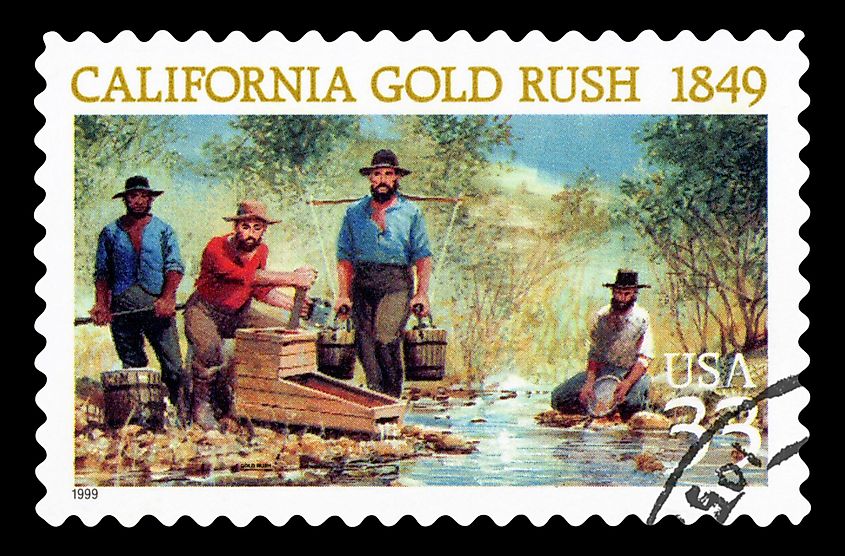 Stamps printed in USA showing the California Gold Rush of 1849