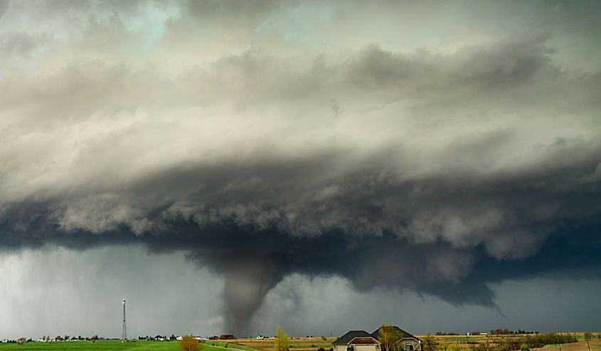 Destructive tornado tears apart the countryside near Minden, Iowa during a tornado outbreak in 2024.