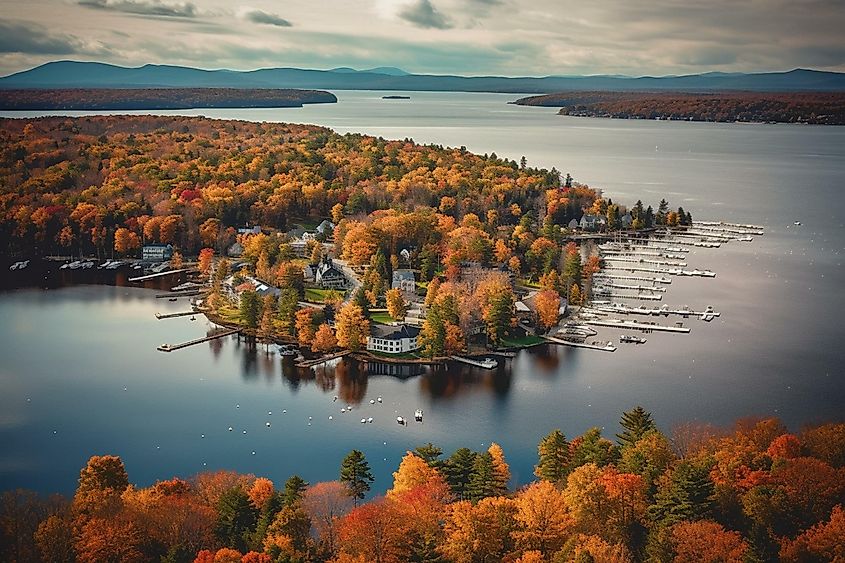 Fall view of Meredith Bay on Lake Winnipesaukee in historic town of Meredith
