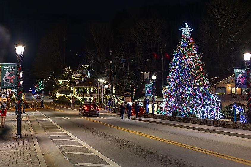 Christmas decorations during the nighttime in Helen, Georgia.