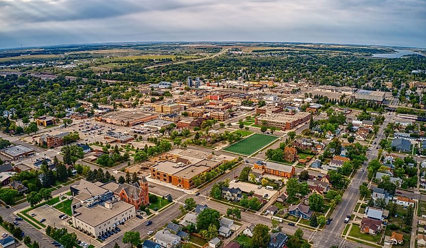 Aerial view of Jamestown, North Dakota along Interstate 94