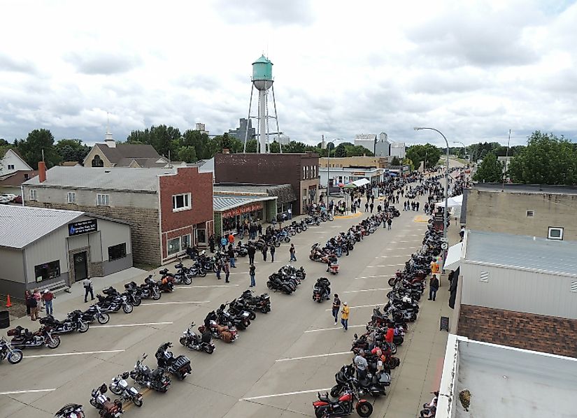Riders on Main Street during the annual Motorcycle Ride-In in Cavalier, North Dakota.