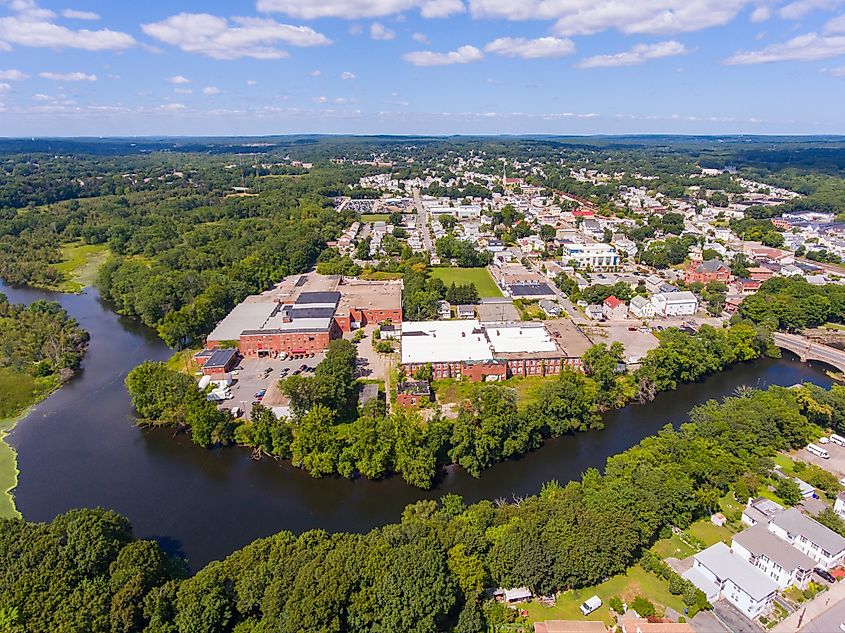 Cumberland historic town center aerial view on Broad Street with Blackstone River in town center of Cumberland, Rhode Island.