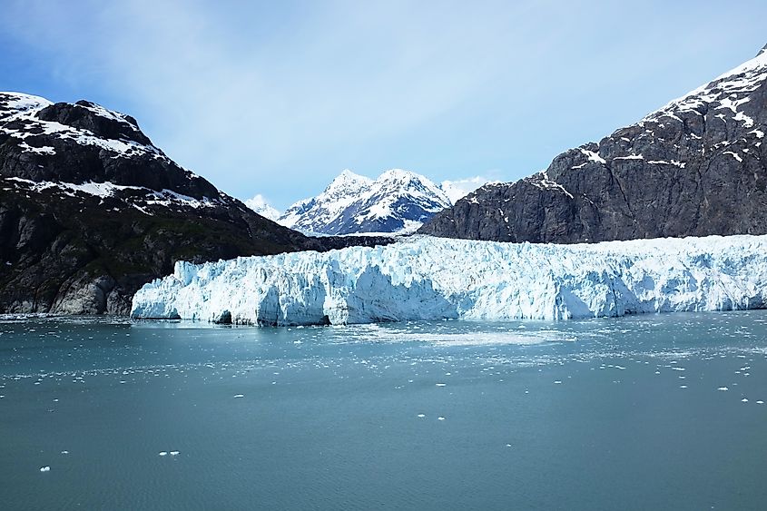 Panoramic fjord landscape leading toward Johns Hopkins Glacier in Glacier Bay National Park and Preserve, Alaska.