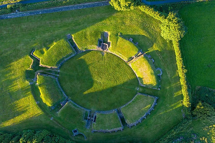 Aerial view of Caerleon, Wales, home of the Roman Amphitheatre.