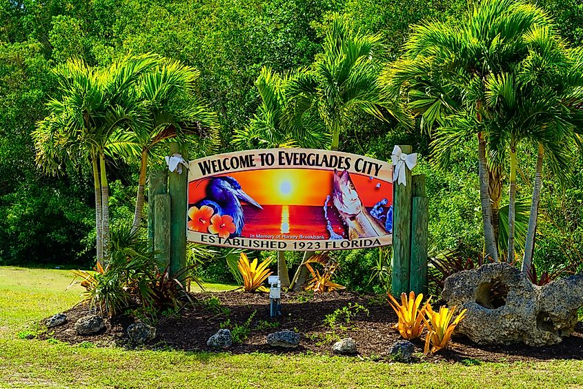Welcome sign for visitors to Everglades City, Florida.