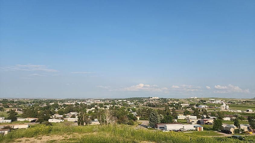 Trailers and ranch homes in the rolling plains of Gillette, Wyoming.