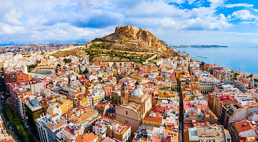 Santa Barbara Castle aerial panoramic view. Santa Barbara Castle is a fort stands on Mount Benacantil in the center of Alicante, Spain.