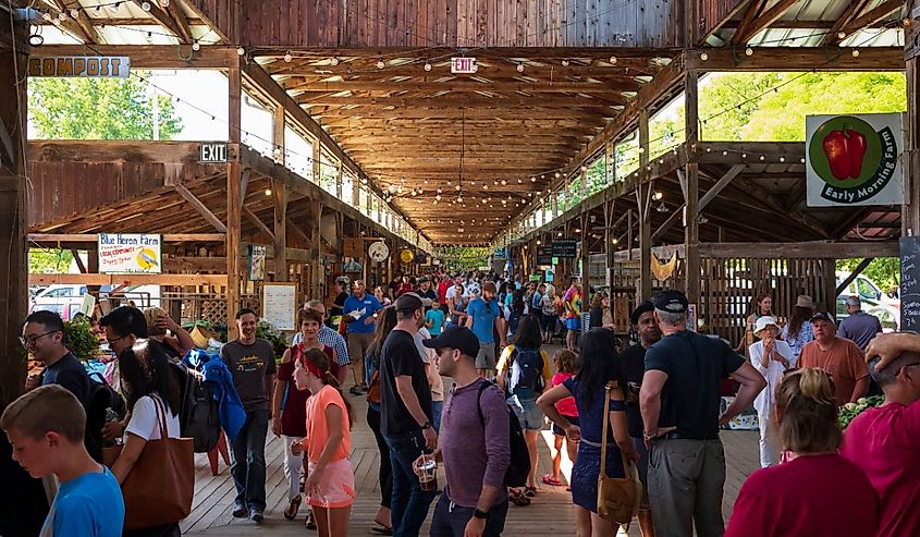 hoppers browse at the Ithaca Farmers Market.