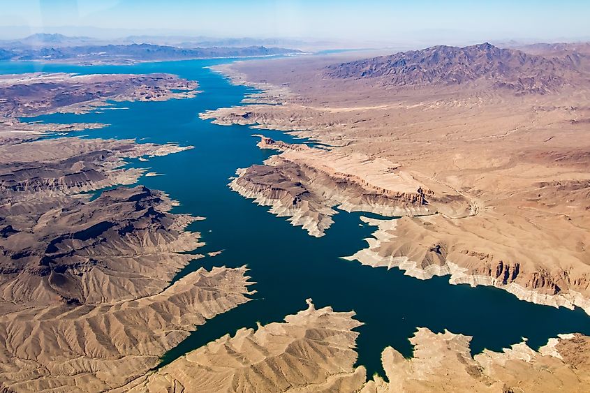 Aerial view of Lake Mead and desert terrain