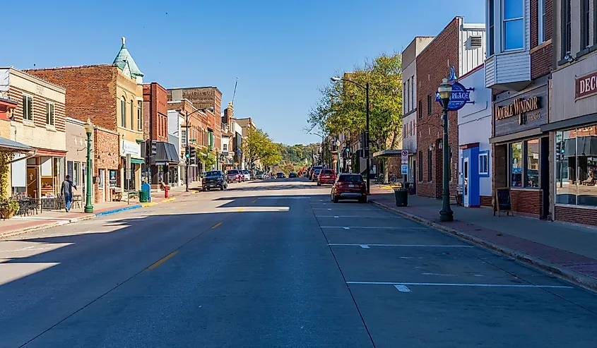 Shops and stores on Water Street in Decorah, Iowa.
