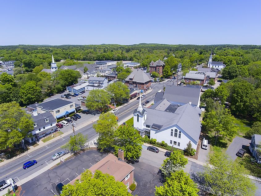 Aerial view of Medfield historic town center and Main Street in summer, Medfield, Boston Metro West area, Massachusetts MA, USA.