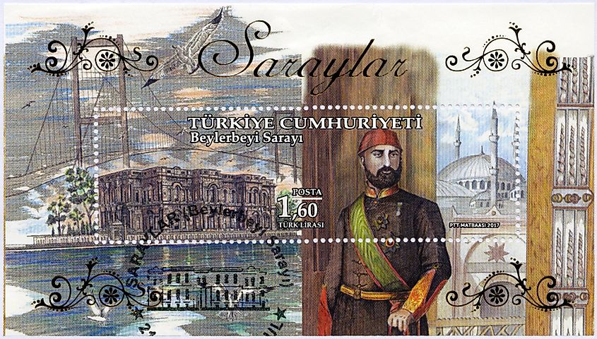 A stamp printed in Turkey shows Beylerbeyi Palace, Abdulhamid Abdul Hamid II (1842-1918) Sultan of the Ottoman Empire,