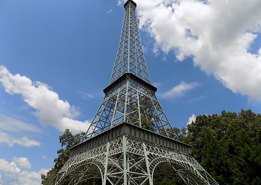 Eiffel Tower Replica in Paris Tennessee with blue sky and clouds in the background