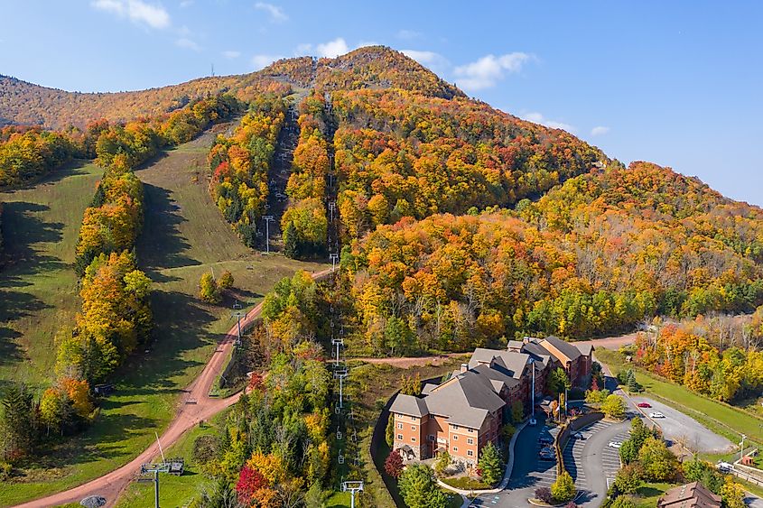 Colorful Hunter Ski Mountain in upstate New York during peak fall foliage.