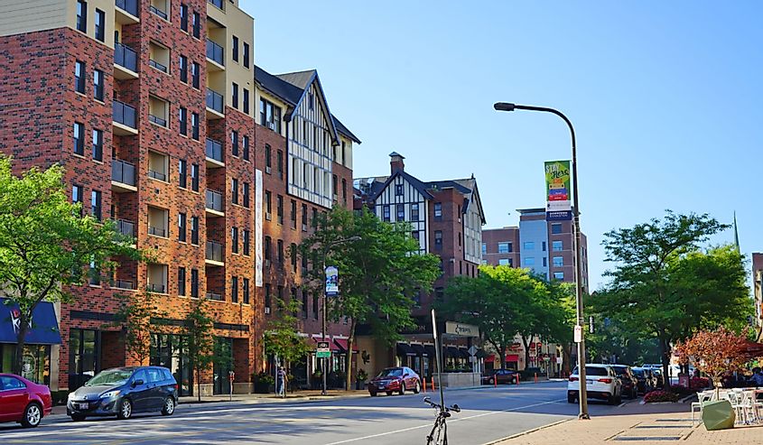 View of downtown Evanston near the campus of Northwestern University, located by Lake Michigan, north of the city of Chicago, Illinois.