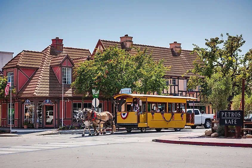 A horse-drawn streetcar in Solvang, California