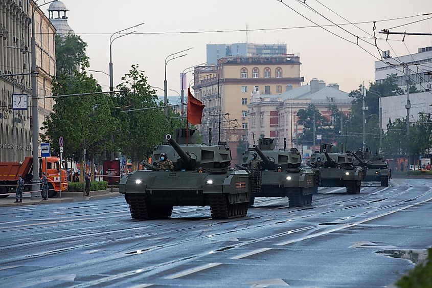 Victory Day Parade rehearsal. Russian army T-14 Armata main battle tank at Sadovya Street (Garden Ring) in a column of tanks