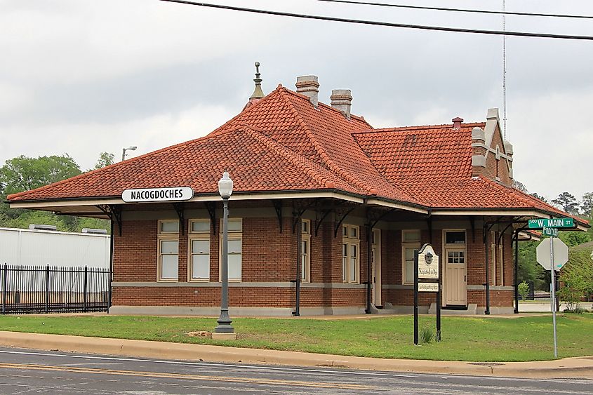 The former Nacogdoches Railroad Depot was built by Southern Pacific Railways in Nacogdoches, Texas