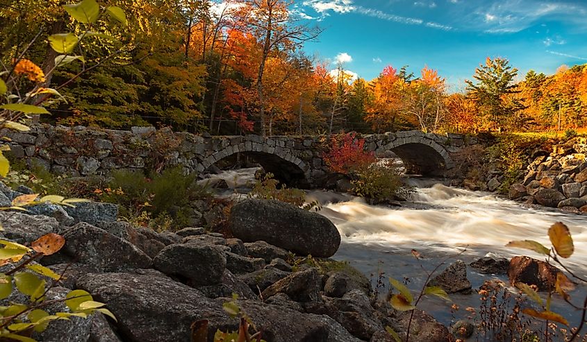 Twin arch bridge Stoddard New Hampshire with fall colors