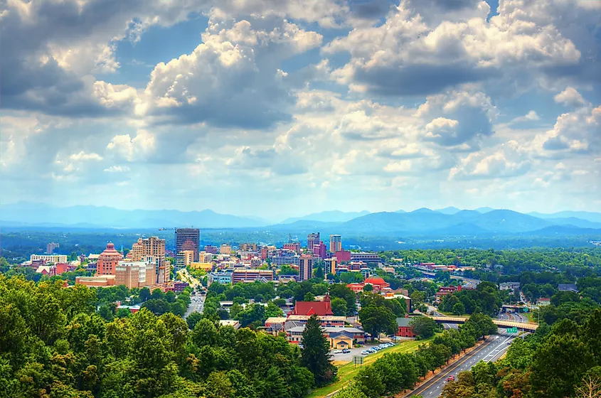 Asheville, North Carolina, skyline nestled in the Blue Ridge Mountains