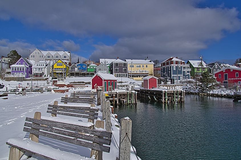 Scenic view of waterfront in winter in Lunenburg, Nova Scotia, Canada