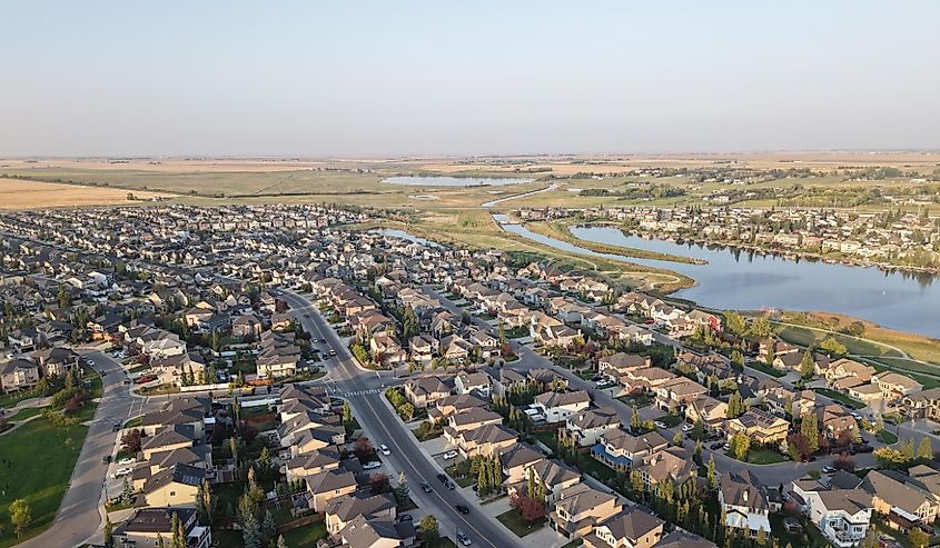 Overlooking the town and lake of Chestermere, Alberta.