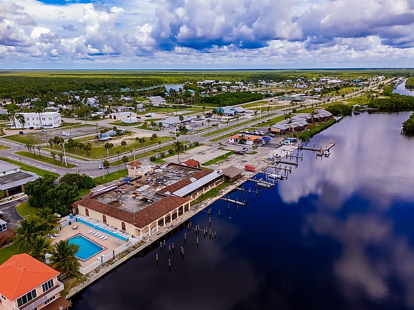 Aerial view of the old train depot at Everglades City, Florida 