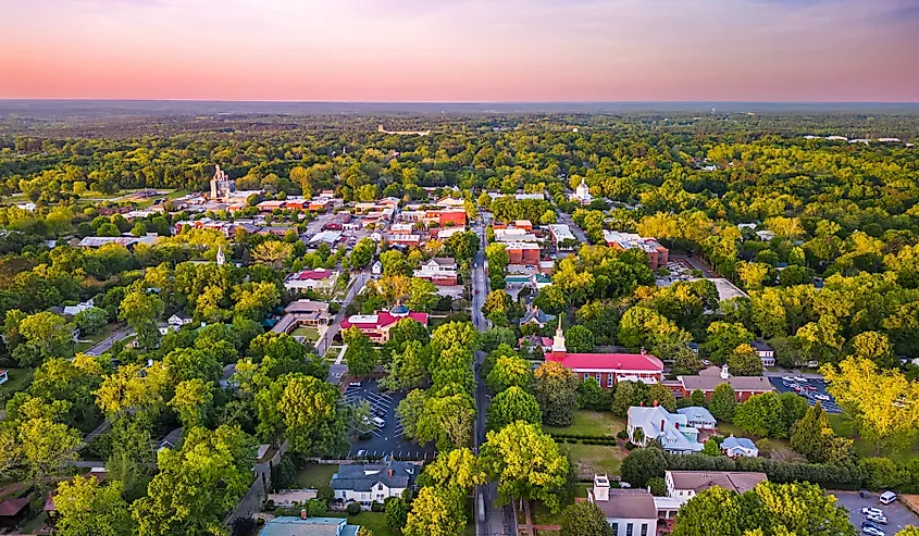 Madison, Georgia, USA, overlooking the downtown historic district at dusk.