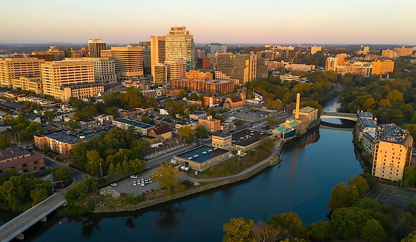 Saturated, early morning light hits the buildings and architecture of downtown Wilmington, Delaware