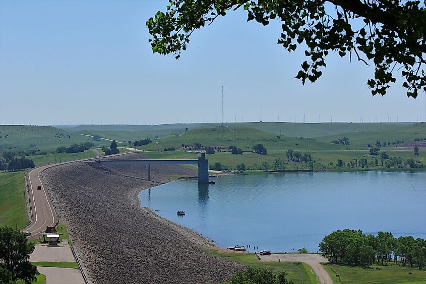 A shot of Wilson lake from Look Out Point with a view of the Dam, about 6 miles south of Lucas, Kansas