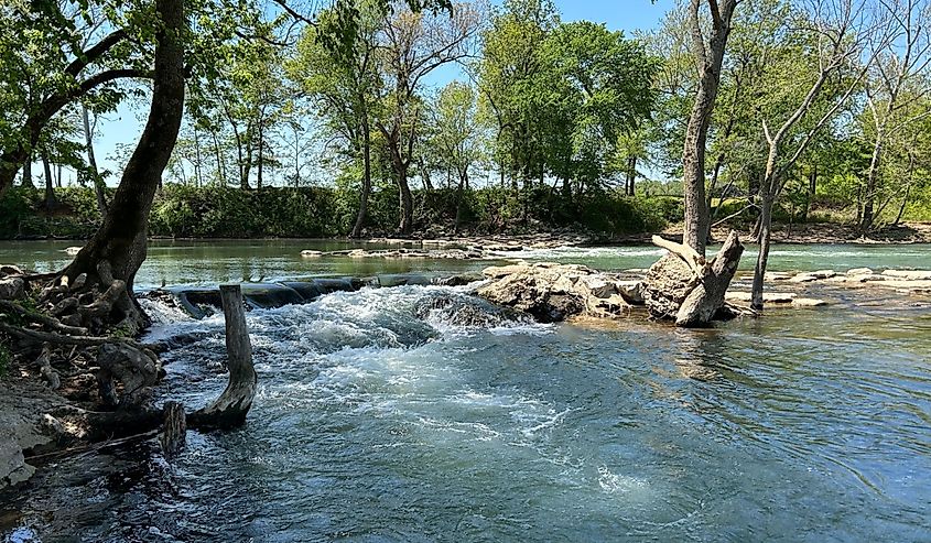 Beautiful view of waterfall and rapids at the Siloam Springs Kayak Park in Arkansas.