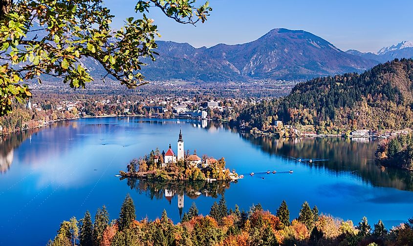 Bled, Slovenia - Panoramic aerial view of Lake Bled with Church of the Assumption of Maria