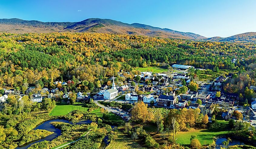 Aerial view of the fall colors in the village of Stowe, Vermont