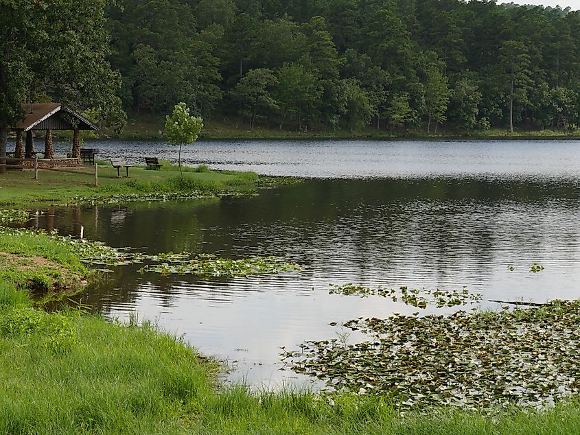 A lakeside view at Robbers Cave State Park in Wilburton, Oklahoma.
